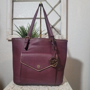 Michael Kors Saffiano Leather Frame Tote Deep Red Maroon Bag Purse Carryall